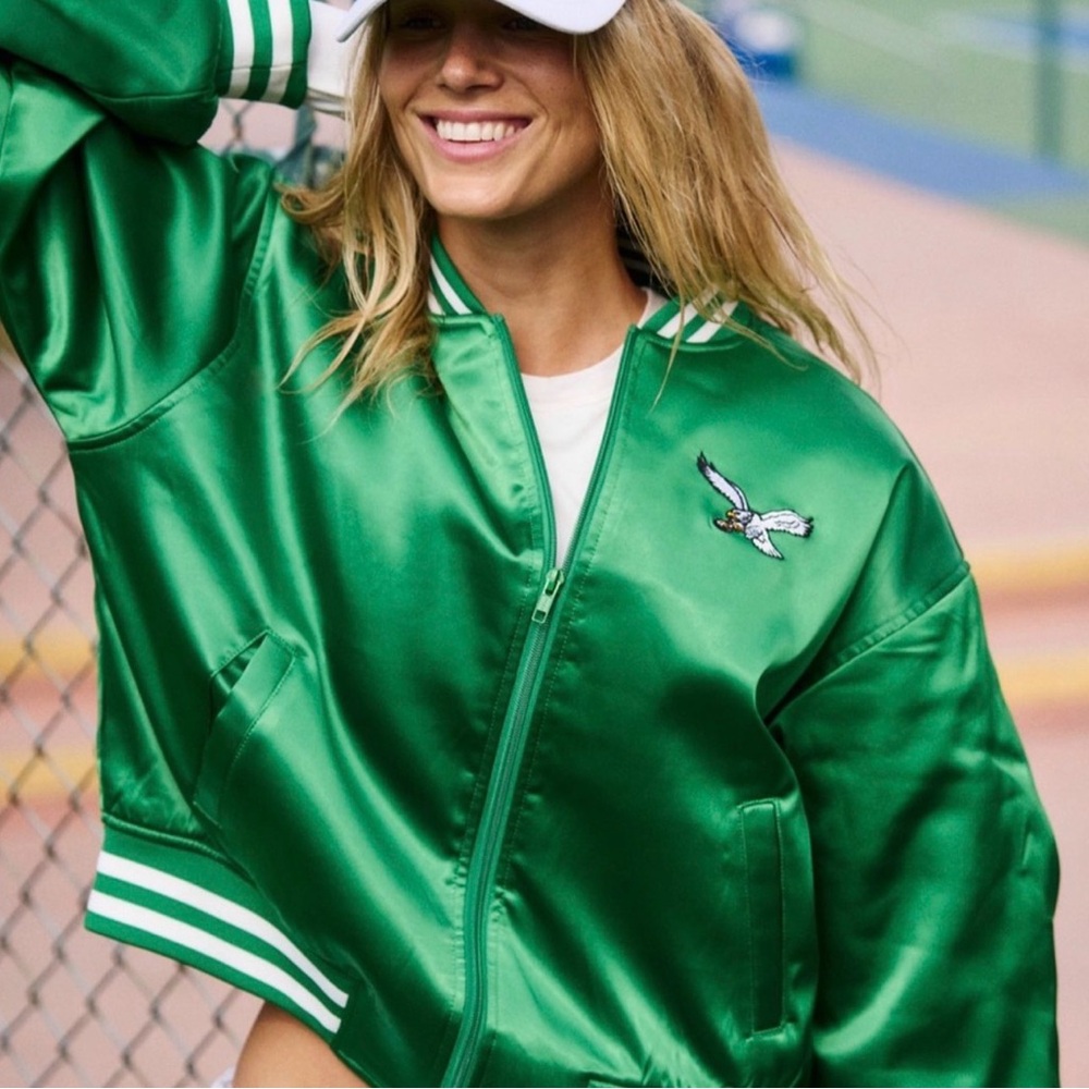 Green Satin Bomber Jacket Free People L New